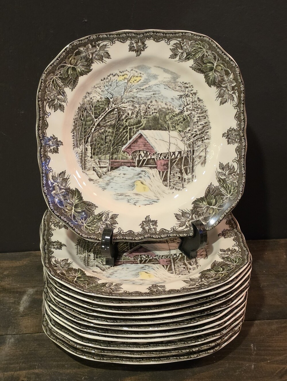 Set of 12 Johnson Brothers Friendly Village Covered Bridge Square Salad Plates